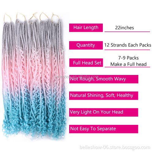 Hot sell  Crochet Bohemian Hair  Goddess Locs messy box braids with Curly Ombre  Pre-looped Synthetic Boho 3x river box braids